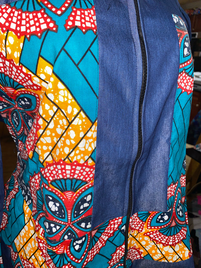 Coat - Reshi Denim and Ankara peplum zip front jacket - Afrocentric Boutique
