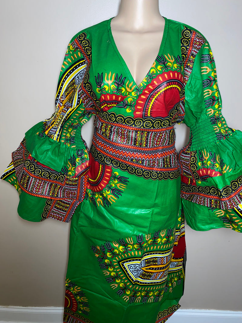 Dress Ankara - Ruffled Sleeve Dashiki print Maxi Wrap dress with matching Head Wrap