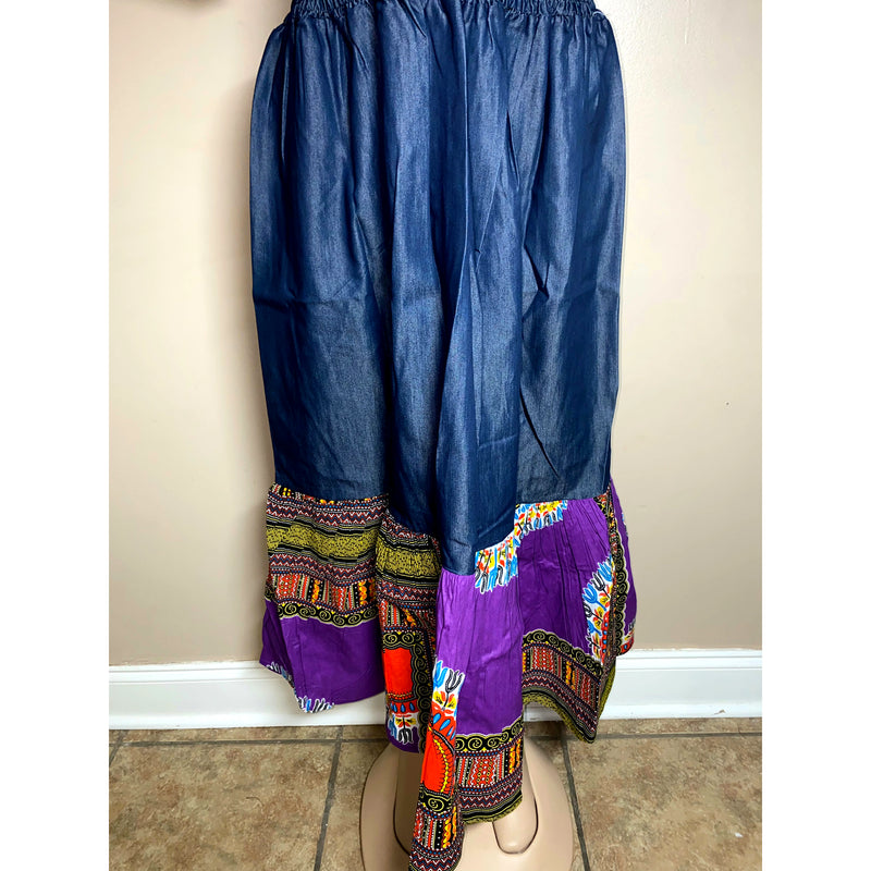 Dress Maxi- Denim and Dashiki Ruffle bottom Maxi Dress with matching head wrap