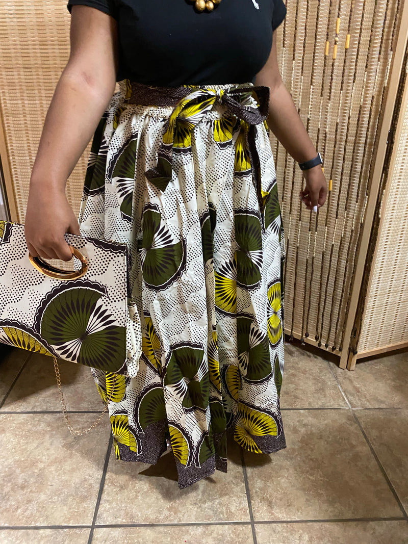 Maxi Skirt - Green Frills Maxi Skirt with matching head wrap and purse - Afrocentric Boutique