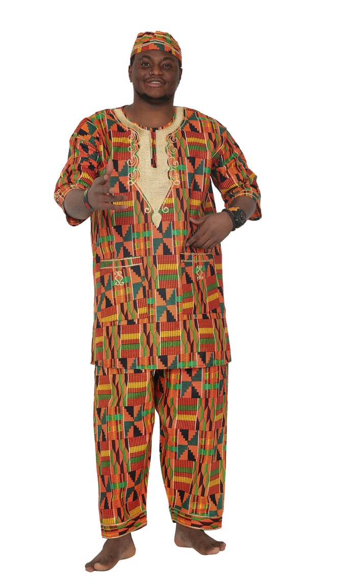Men's Set- Kente Dark Print African walking suit with Gold Embroidery