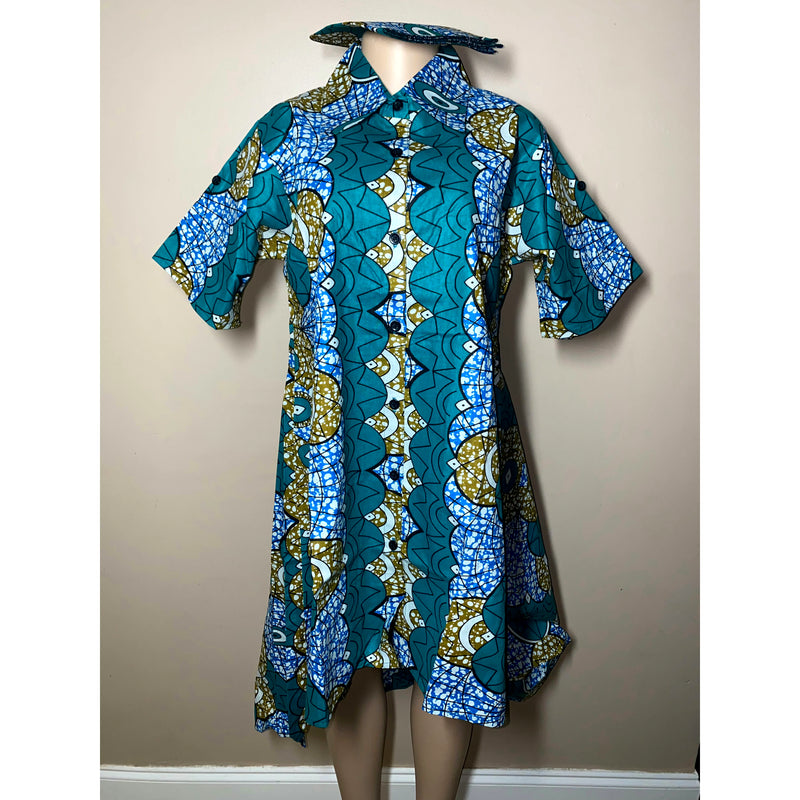 Dress Hi/Lo - Ankara Hi/Low Shirt Dress with matching head wrap/Waist Tie