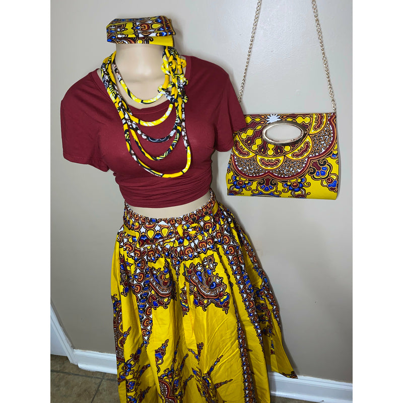 Maxi Skirt Set - Star Burst - Ankara African print Maxi Skirt with Purse and matching headwrap