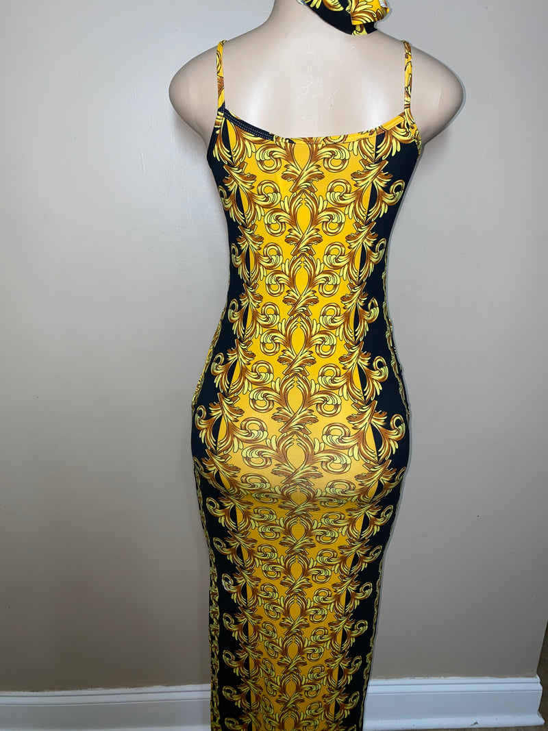 Dress- Bodycon- Golden Frills Maxi Dress with Head wrap