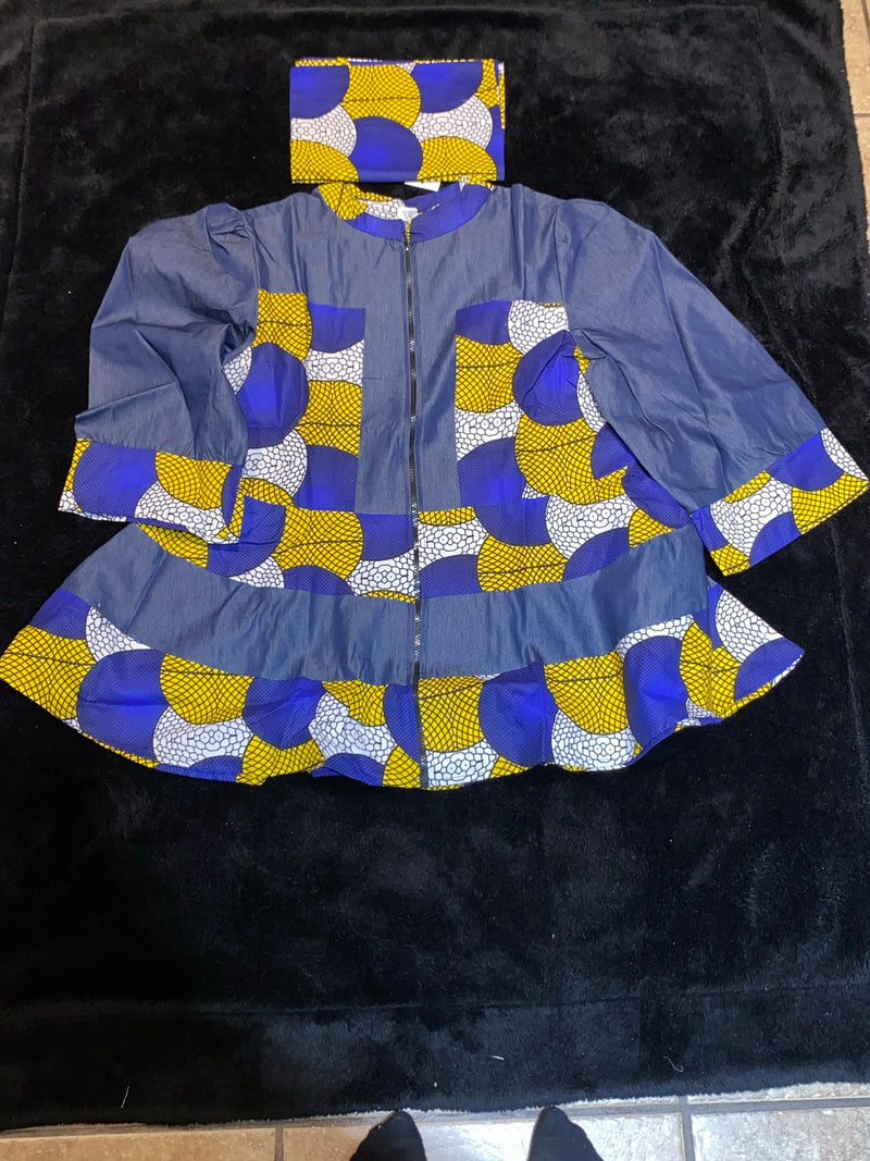 Coat - Reshi Denim and Ankara peplum zip front jacket - Afrocentric Boutique
