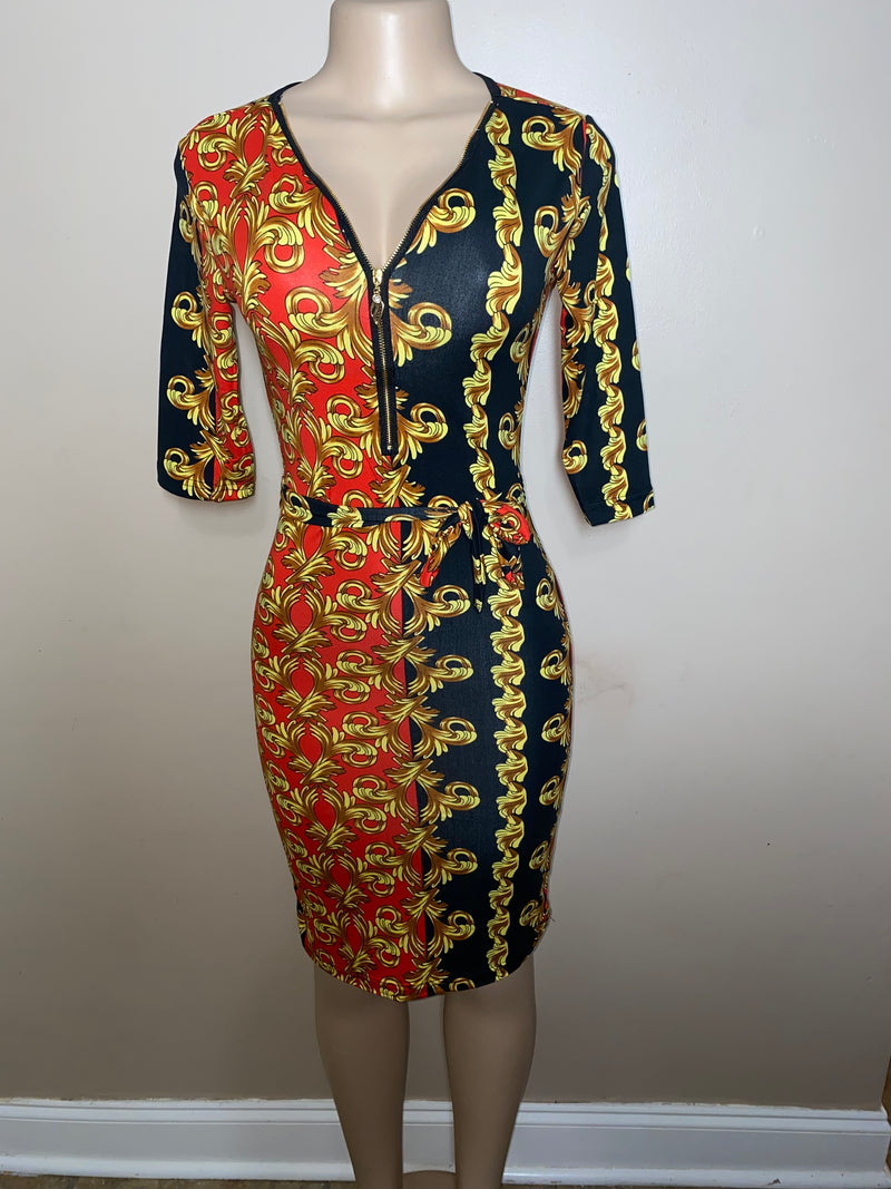 Dress- Bodycon- Golden Frills with zip front and waist tie