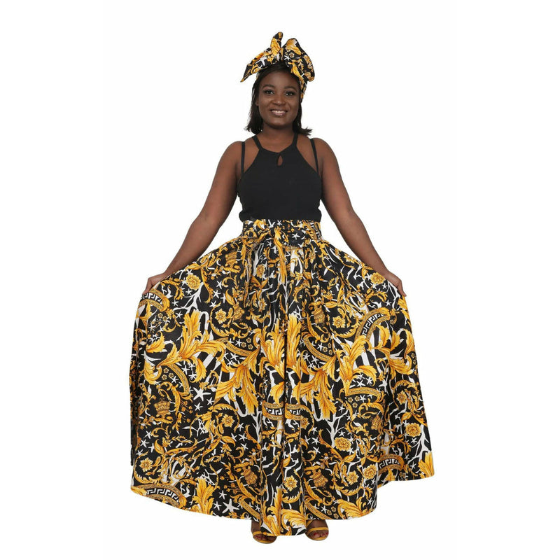 Maxi Skirt - Medusa Black and Gold Maxi Skirt with Matching Head wrap