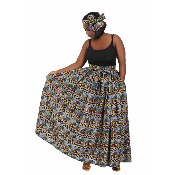 Maxi Skirt - African Hut is Home- Ankara African print Maxi Skirt with matching headwrap