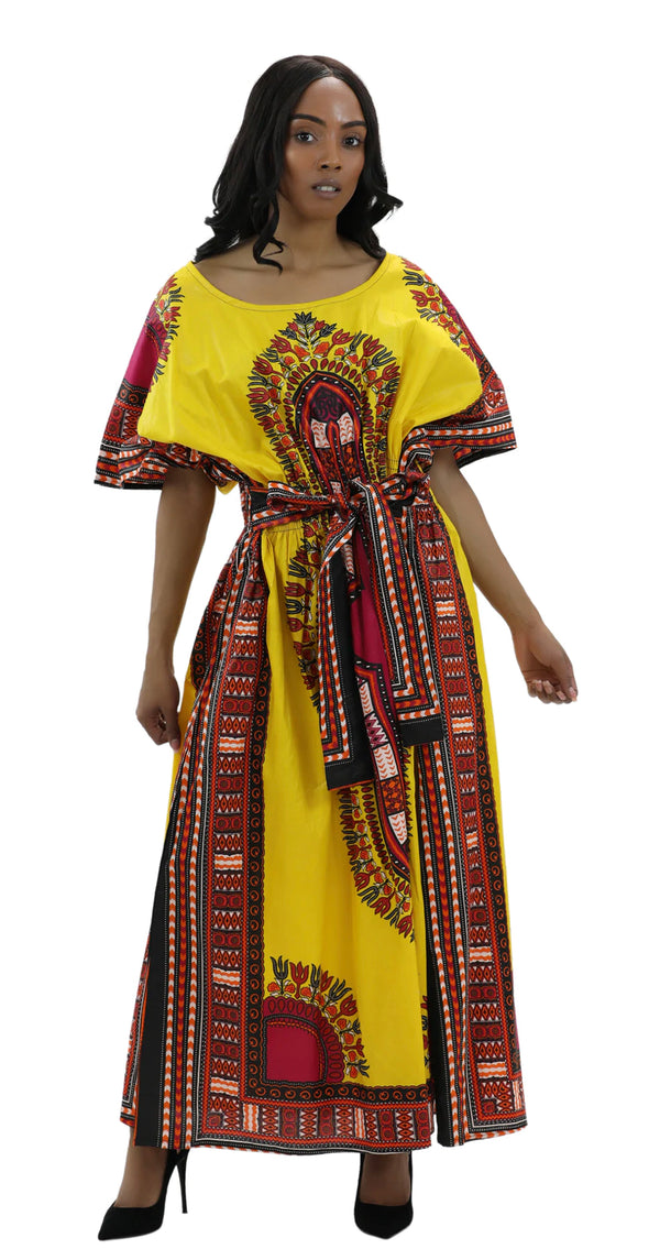 Dress - Maxi Dashiki Print Dress with Tie waist