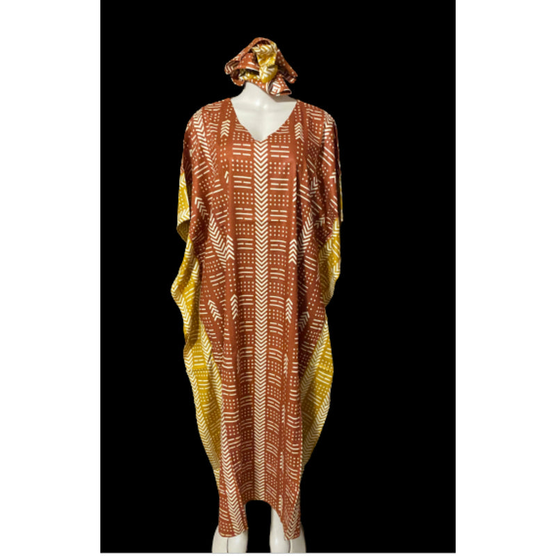 Kaftan - Mud Cloth Print with matching head wrap - Afrocentric Boutique