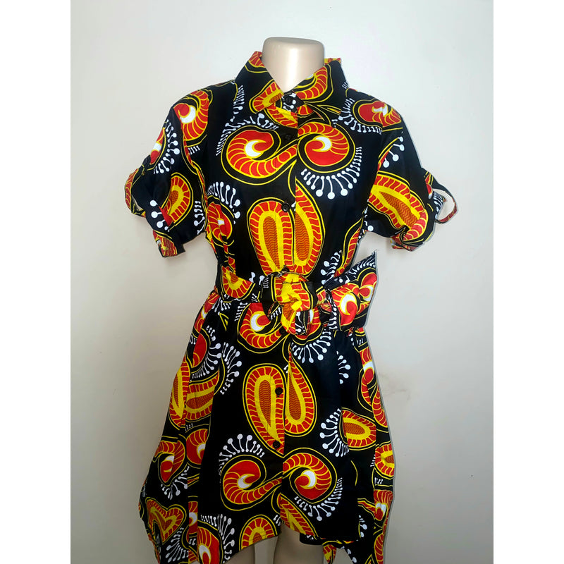 Dress Hi/Lo - Ankara Hi/Low Shirt Dress with matching head wrap/Waist Tie