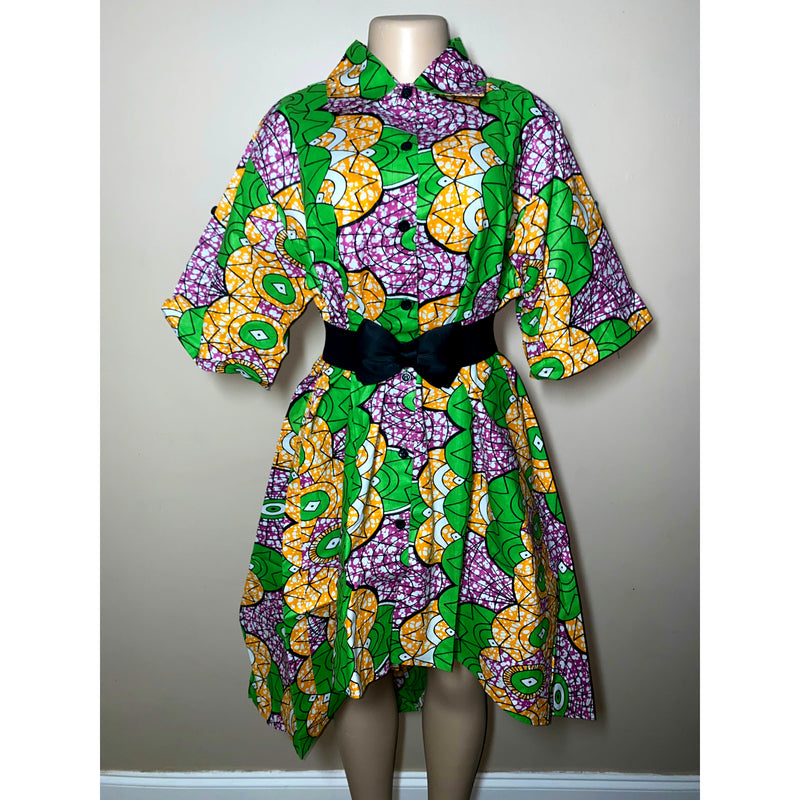 Dress Hi/Lo - Ankara Hi/Low Shirt Dress with matching head wrap/Waist Tie