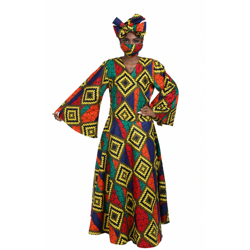 Wrap Dress- Ankara print Wrap Dress With Belle Sleeves and Matching Head Wrap