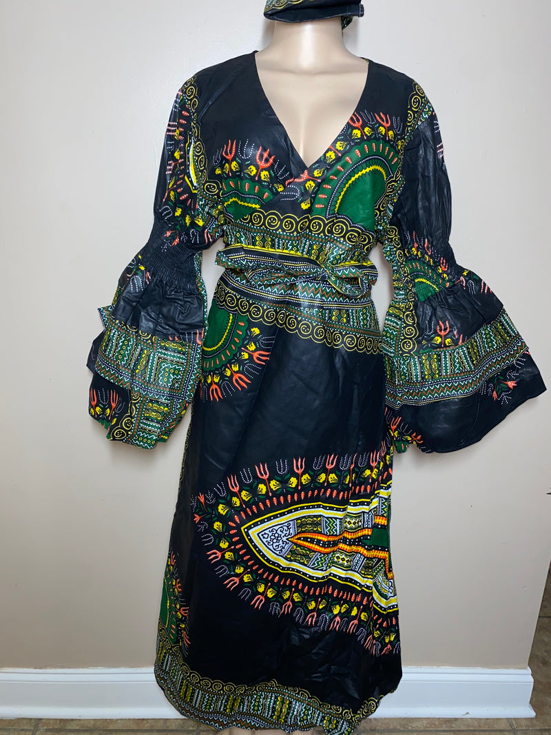 Dress Ankara - Ruffled Sleeve Dashiki print Maxi Wrap dress with matching Head Wrap