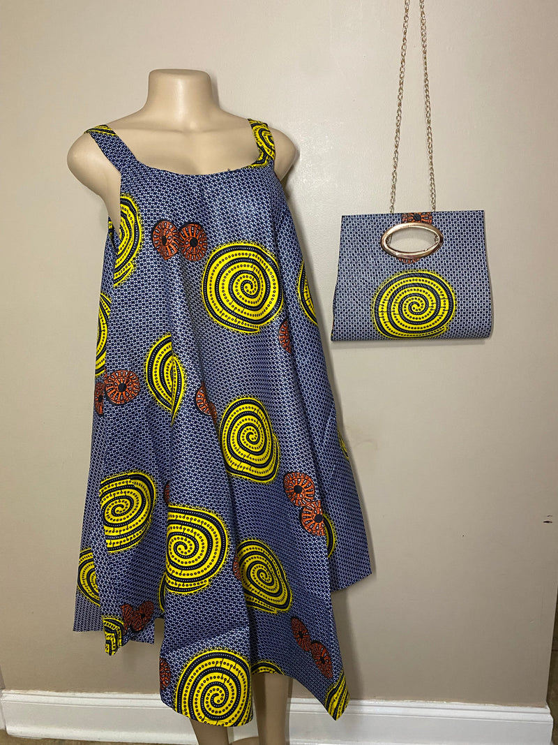 Dress Ankara - African Print Loose Fit umbrella Dress with Matching Headwrap and Purse - Afrocentric Boutique