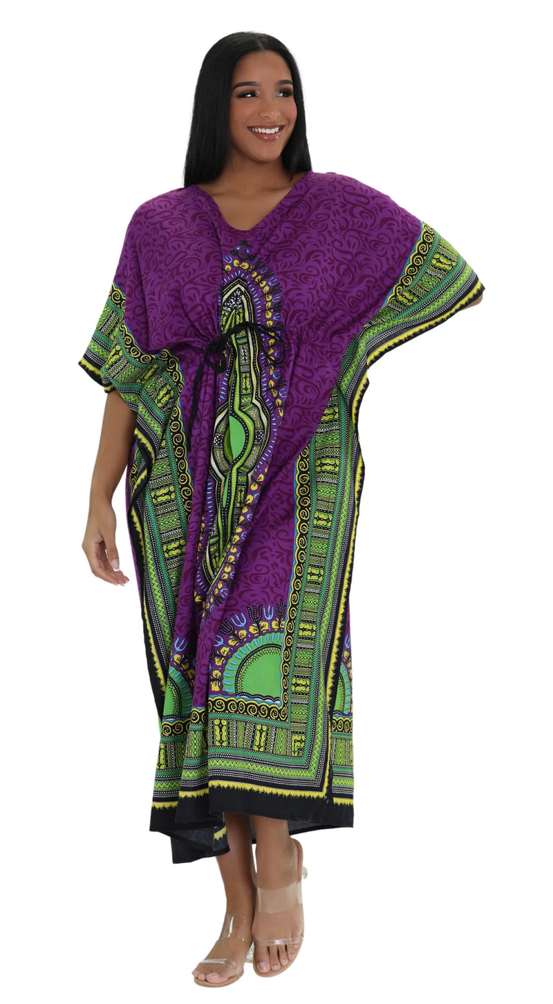 Kaftan- Traditional Dashiki and Swirls Print draw string Kaftan with Matching Head Wrap