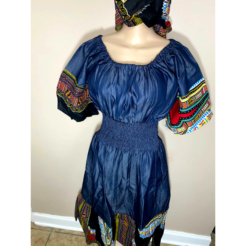 Dress Maxi- Denim and Dashiki Ruffle bottom Maxi Dress with matching head wrap