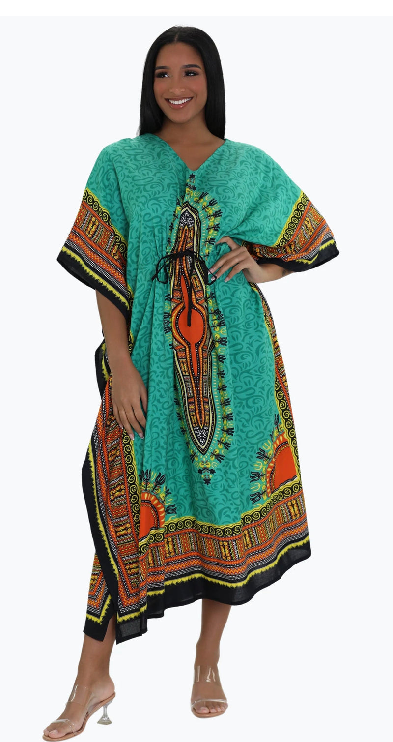 Kaftan- Traditional Dashiki and Swirls Print draw string Kaftan with Matching Head Wrap