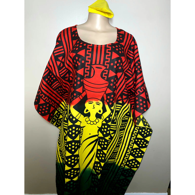 Kaftan- Rasta - African Lady on Mud cloth Print with Matching Head Wrap