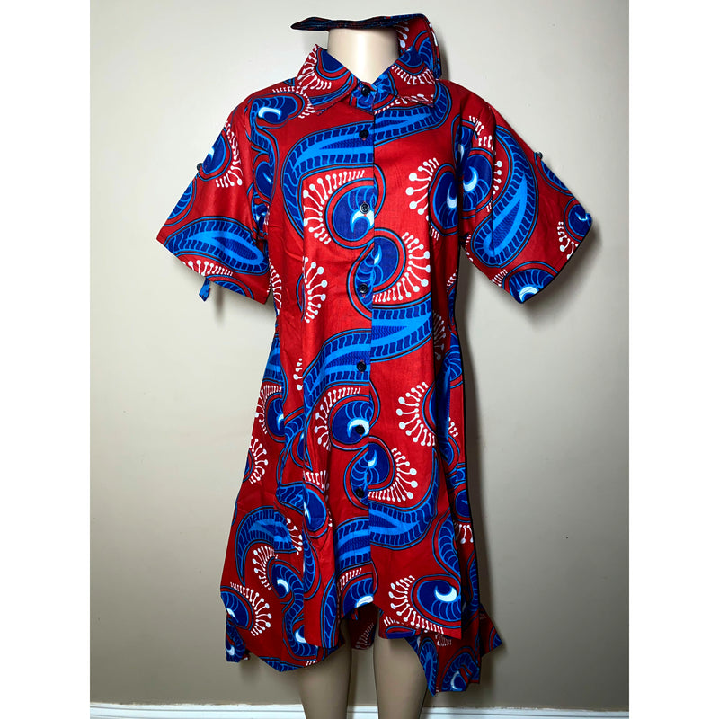 Dress Hi/Lo - Ankara Hi/Low Shirt Dress with matching head wrap/Waist Tie