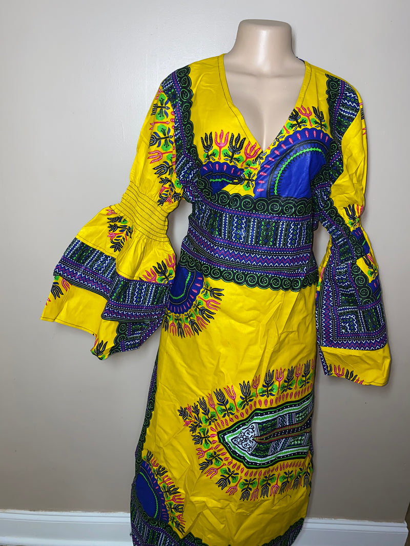 Dress Ankara - Ruffled Sleeve Dashiki print Maxi Wrap dress with matching Head Wrap