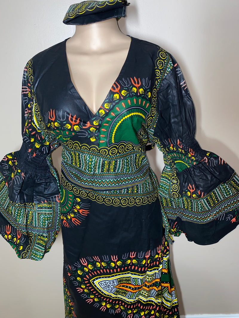 Dress Ankara - Ruffled Sleeve Dashiki print Maxi Wrap dress with matching Head Wrap