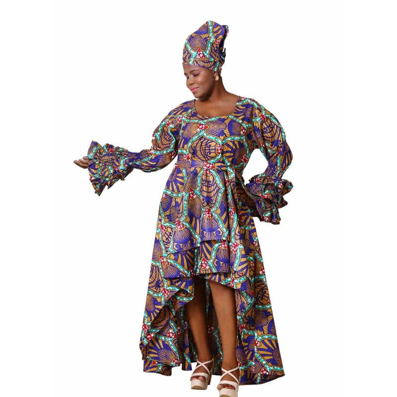 Dress- Tribal Hi/Low Dress With Matching Head Wrap - Afrocentric Boutique