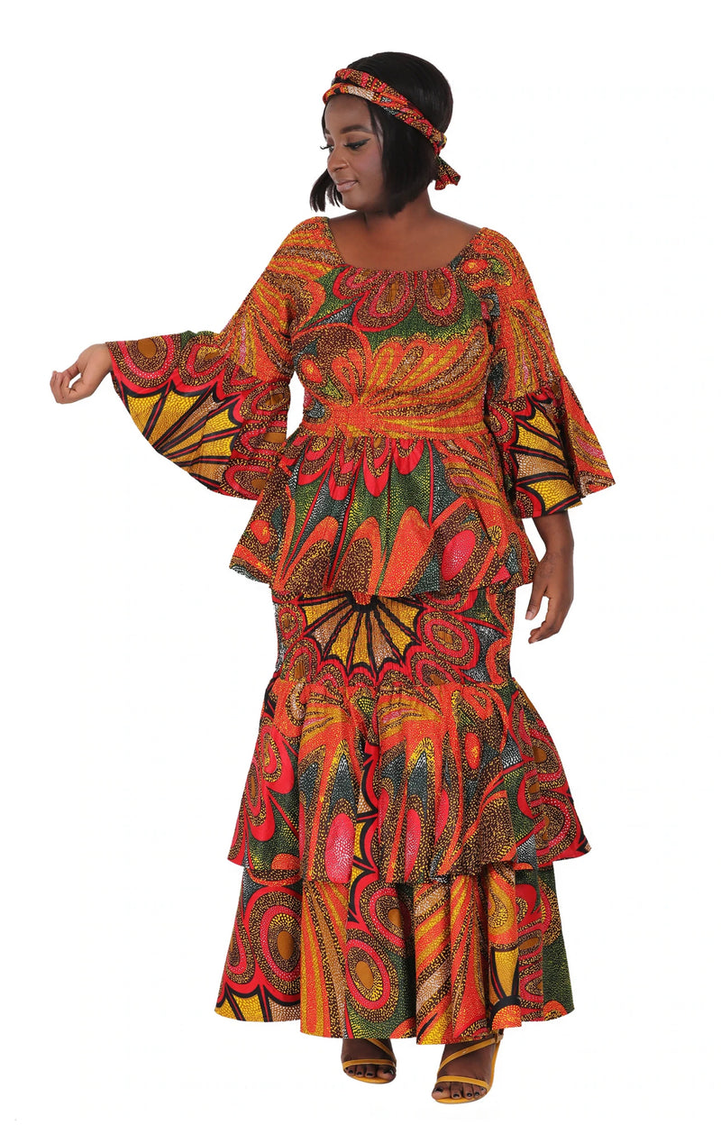 Dress Skirt Set - Belle Sleeve Ankara Skirt Set with head wrap