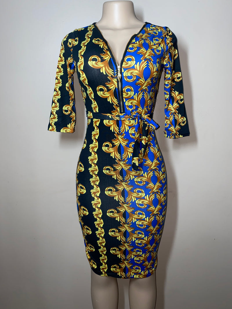 Dress- Bodycon- Golden Frills with zip front and waist tie