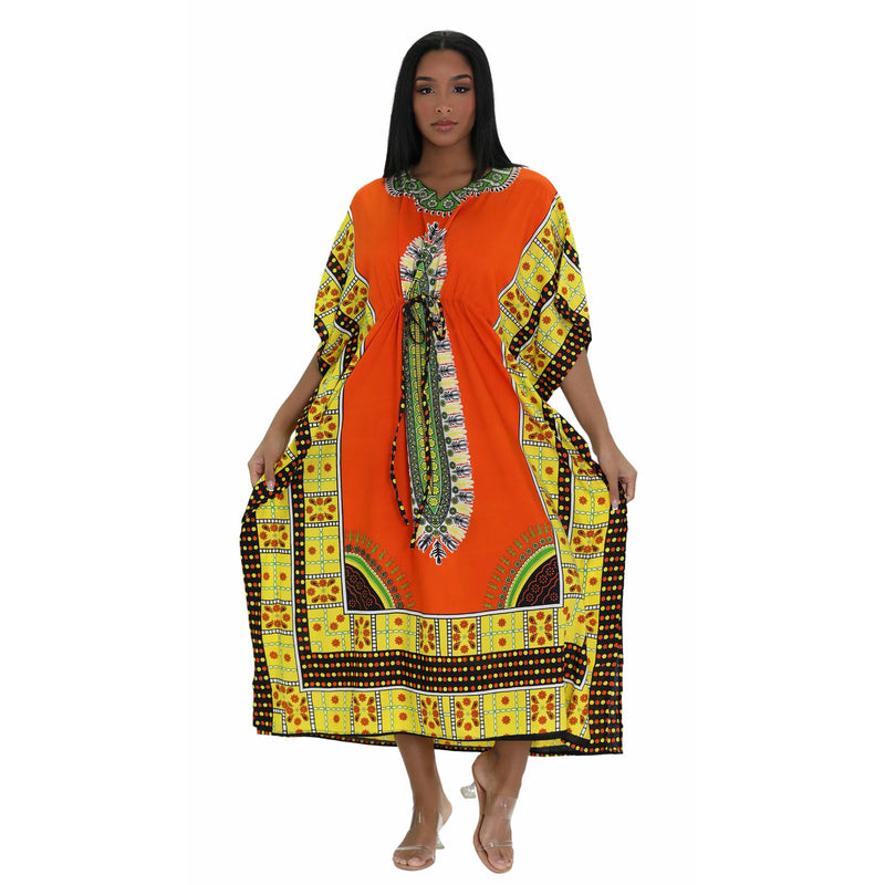 Kaftan- Traditional Dashiki Print draw string Kaftan with Matching Head Wrap