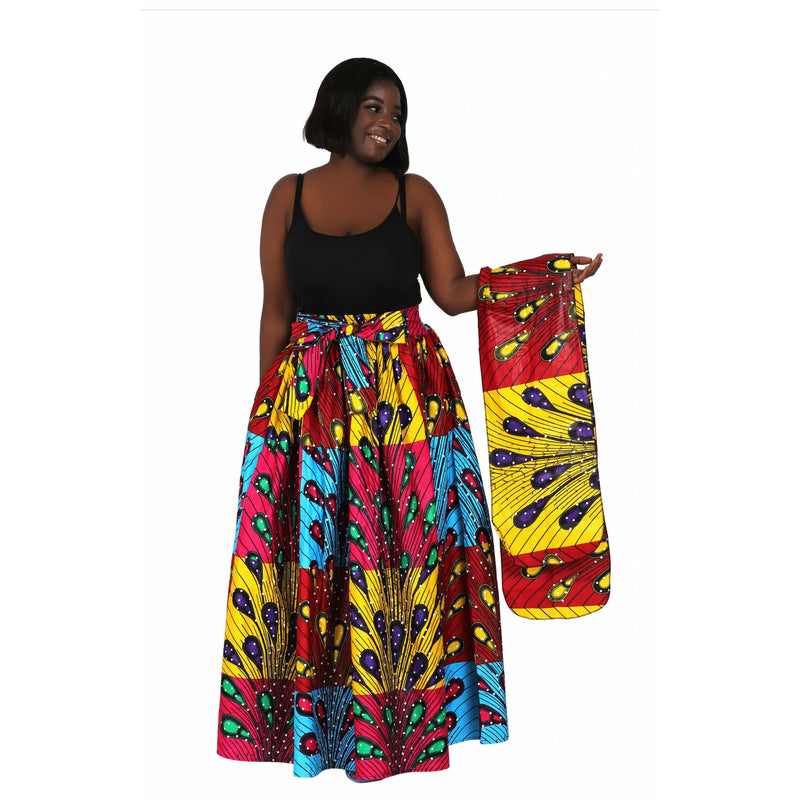 Maxi Skirt - Rainbow Peacock - Ankara African print Maxi Skirt with matching headwrap