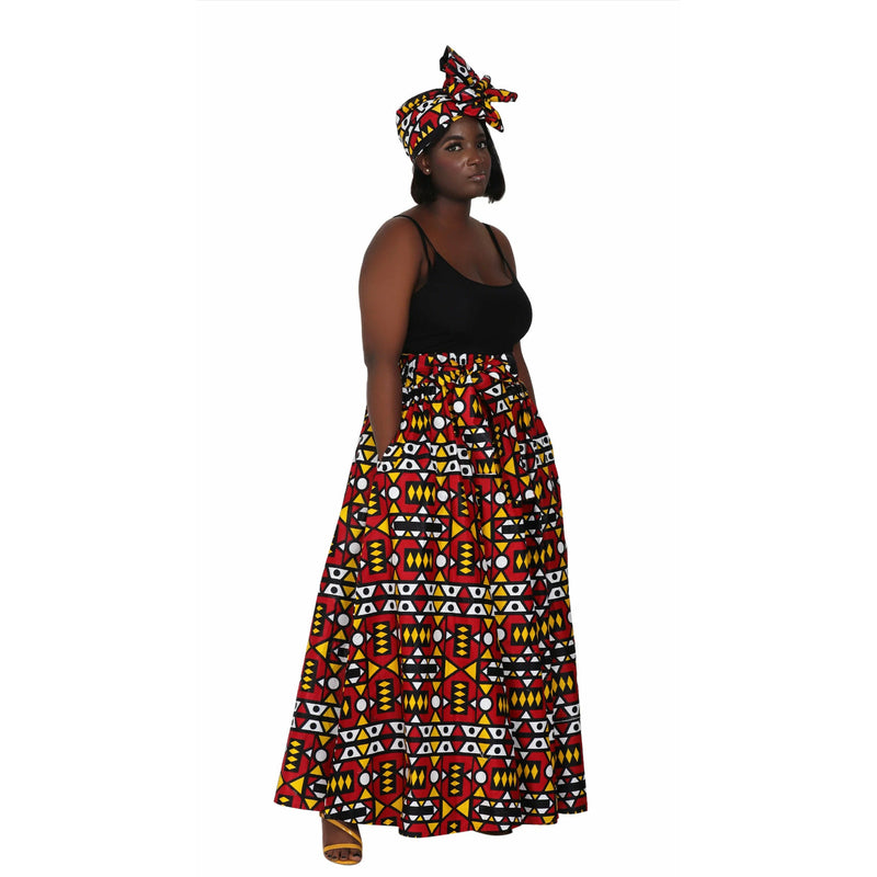 Maxi Skirt - Red colored Block print- Ankara African print Maxi Skirt with matching headwrap