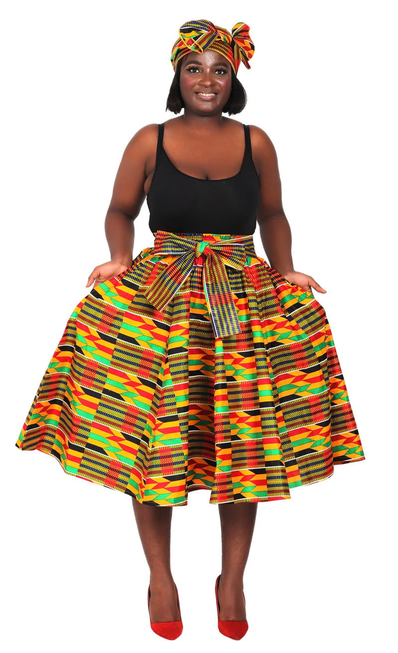 Midi Skirt- Jazzy Kente- Ankara African print Midi Skirt with matching headwrap