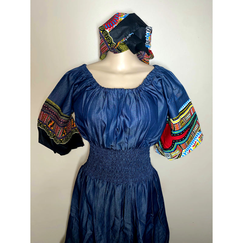 Dress Maxi- Denim and Dashiki Ruffle bottom Maxi Dress with matching head wrap