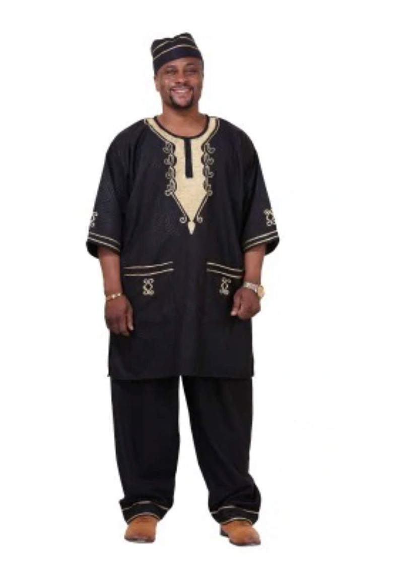 Men's Set- Men African Gold Embroidered walking suits- 3pc set - Afrocentric Boutique
