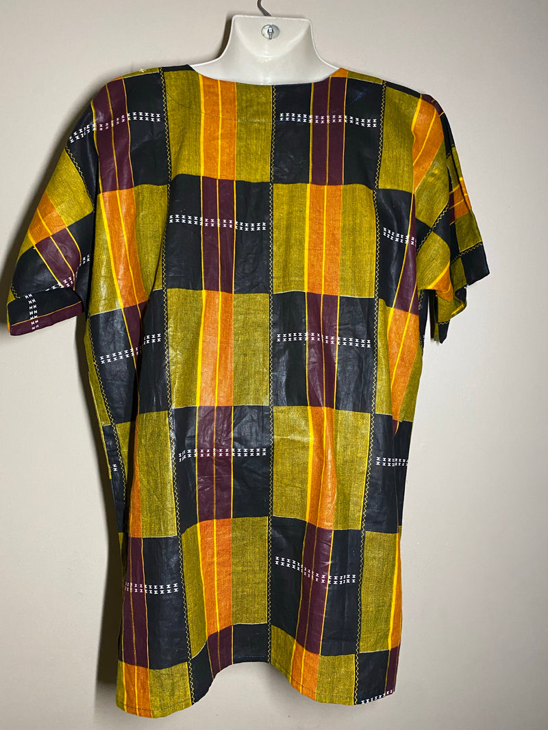 Men’s Top- Kente Block Print Short sleeve with gold embroidery - Afrocentric Boutique