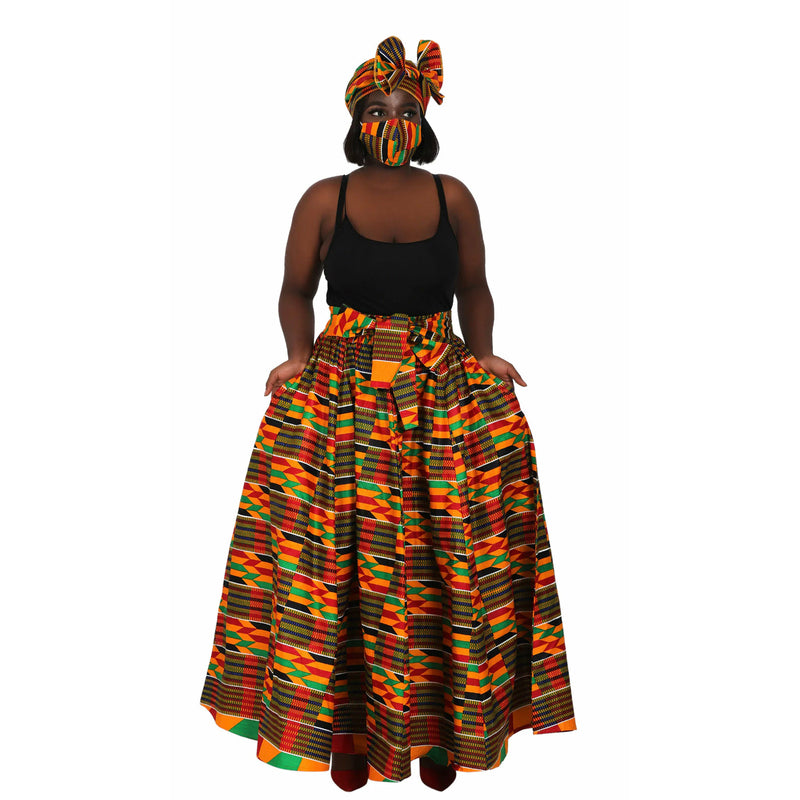 Maxi Skirt - Kente Squares - Ankara African print Maxi Skirt with matching headwrap