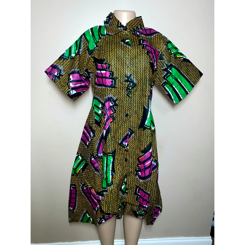 Dress Hi/Lo - Ankara Hi/Low Shirt Dress with matching head wrap/Waist Tie