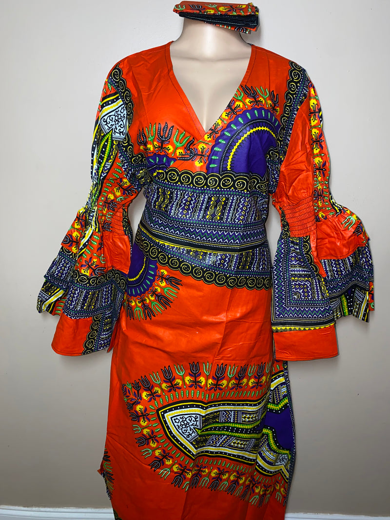 Dress Ankara - Ruffled Sleeve Dashiki print Maxi Wrap dress with matching Head Wrap