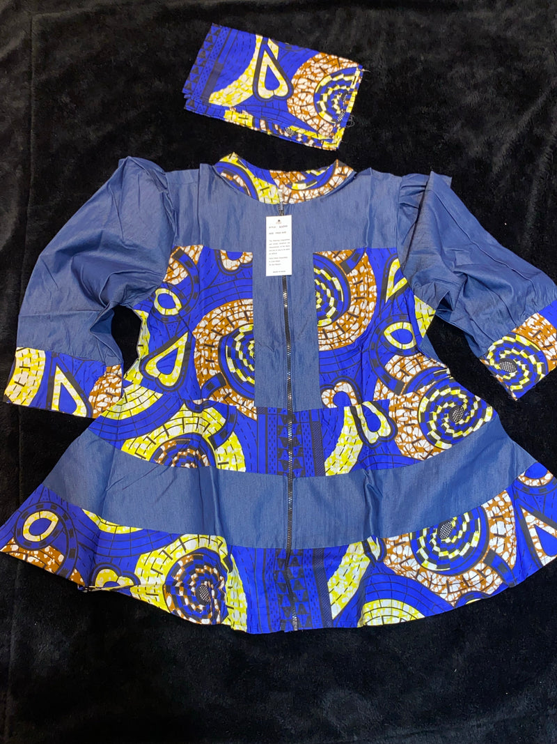 Coat - Reshi Denim and Ankara peplum zip front jacket - Afrocentric Boutique
