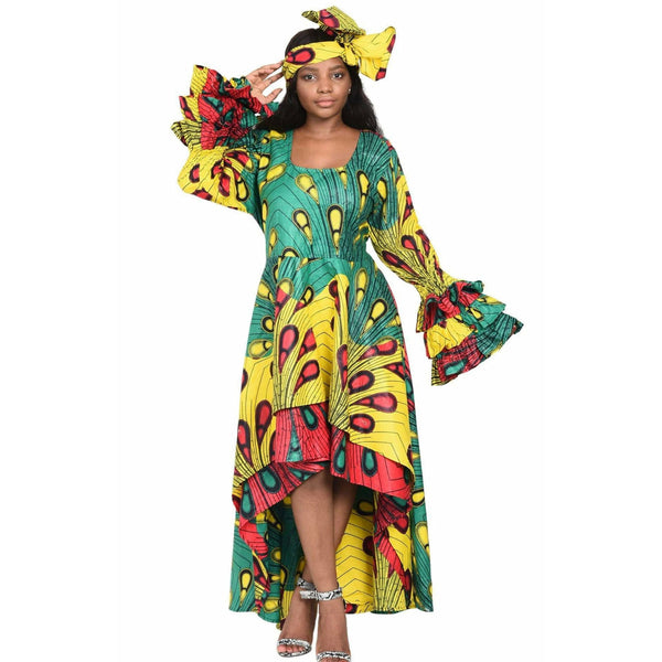 Dress- Tribal Hi/Low Dress With Matching Head Wrap - Afrocentric Boutique