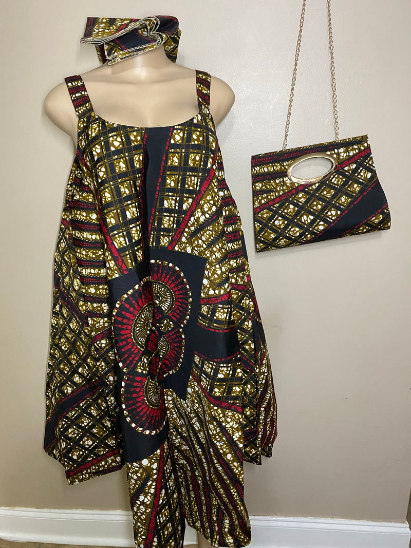 Dress Ankara - African Print Loose Fit umbrella Dress with Matching Headwrap and Purse - Afrocentric Boutique