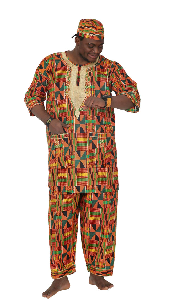 Men's Set- Kente Dark Print African walking suit with Gold Embroidery