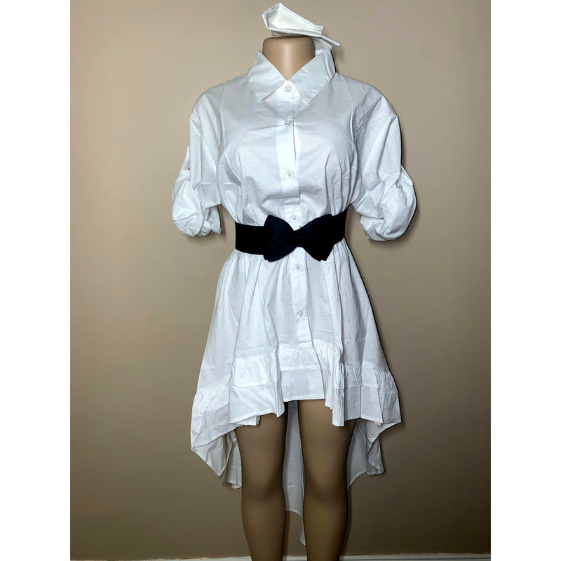 Dress Hi/Lo - All White Hi/Low Shirt Dress with matching head wrap/Waist Tie