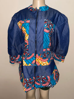Coat - Reshi Denim and Ankara peplum zip front jacket - Afrocentric Boutique