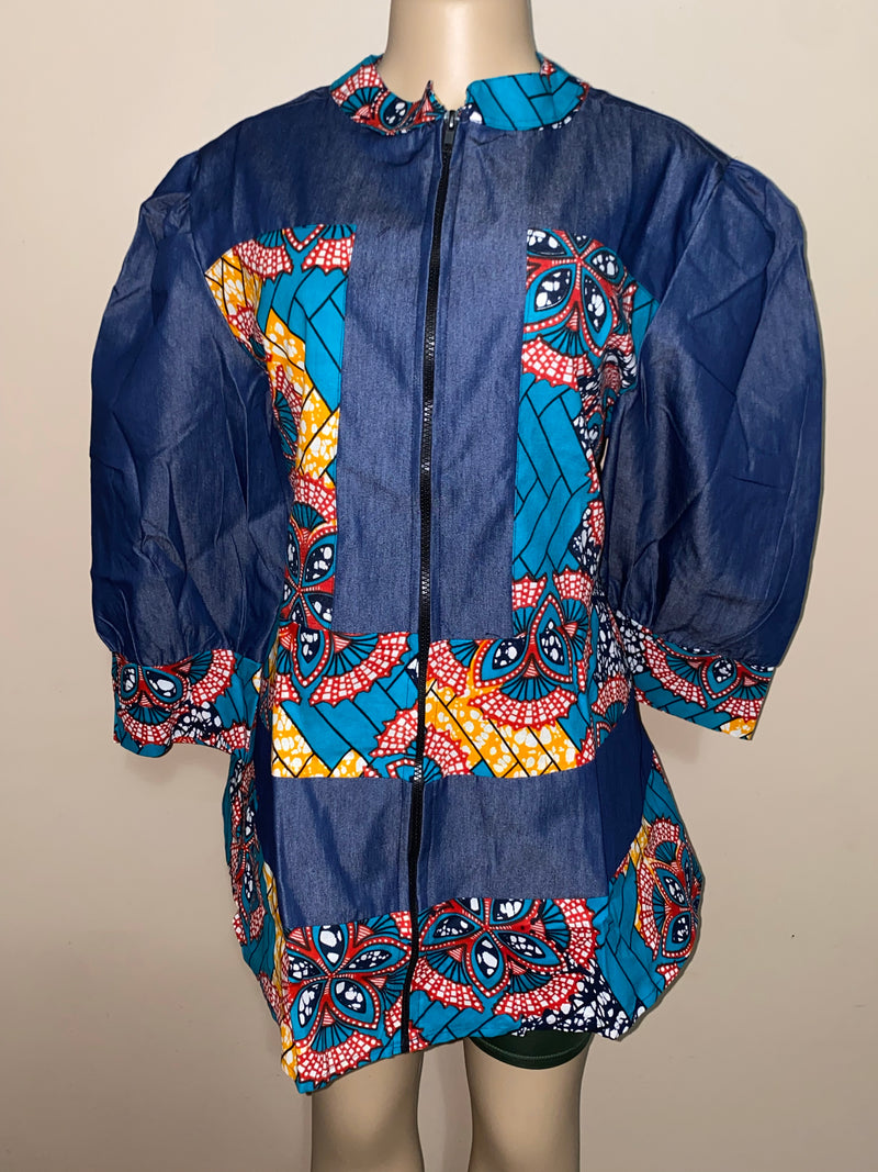 Coat - Reshi Denim and Ankara peplum zip front jacket - Afrocentric Boutique