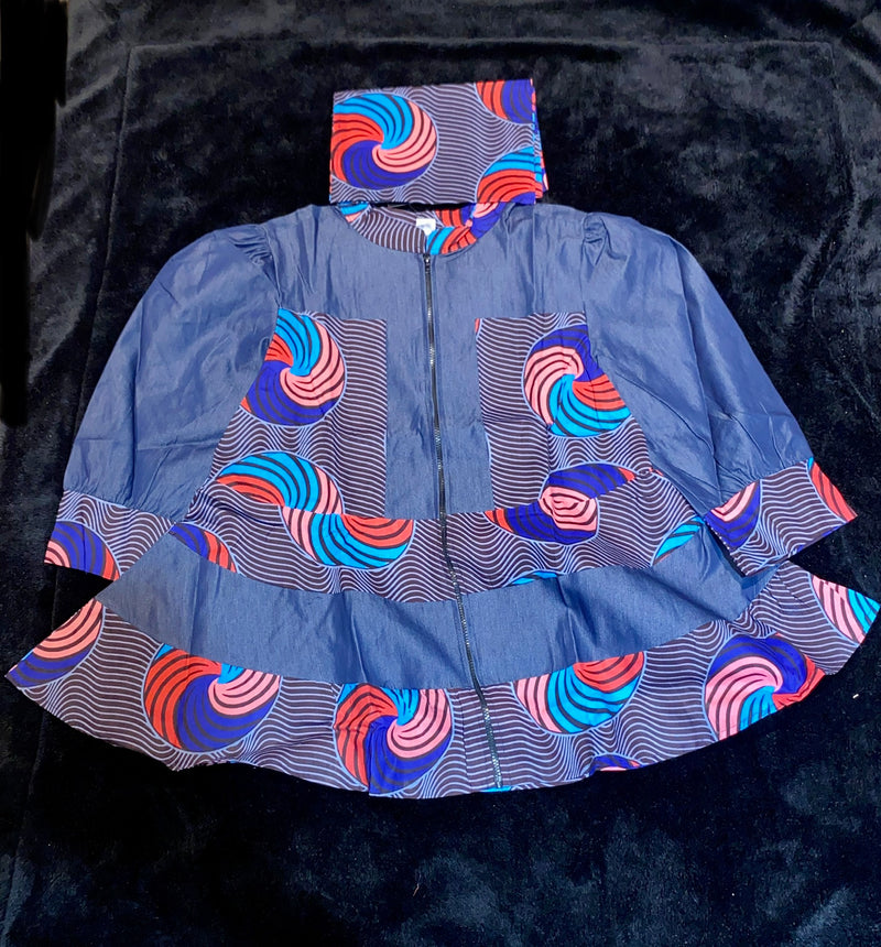 Coat - Reshi Denim and Ankara peplum zip front jacket - Afrocentric Boutique