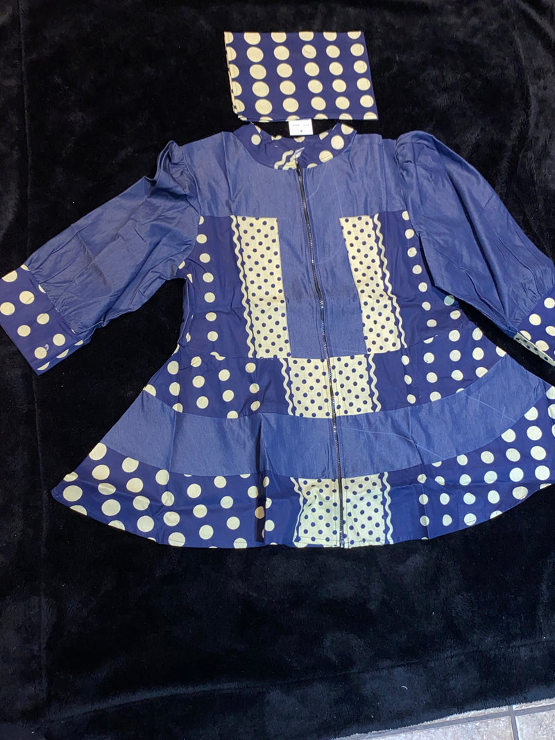 Coat - Reshi Denim and Ankara peplum zip front jacket - Afrocentric Boutique