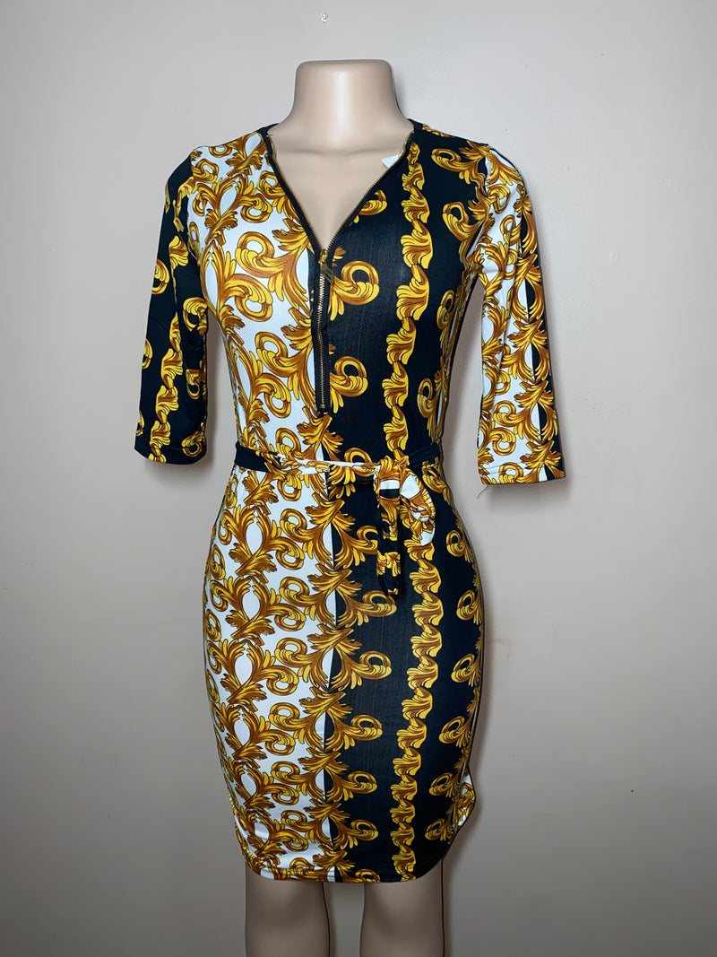 Dress- Bodycon- Golden Frills with zip front and waist tie