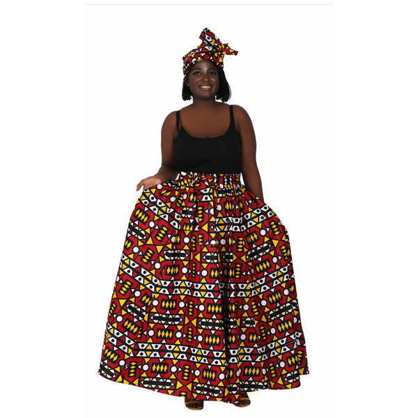 Maxi Skirt - Red colored Block print- Ankara African print Maxi Skirt with matching headwrap